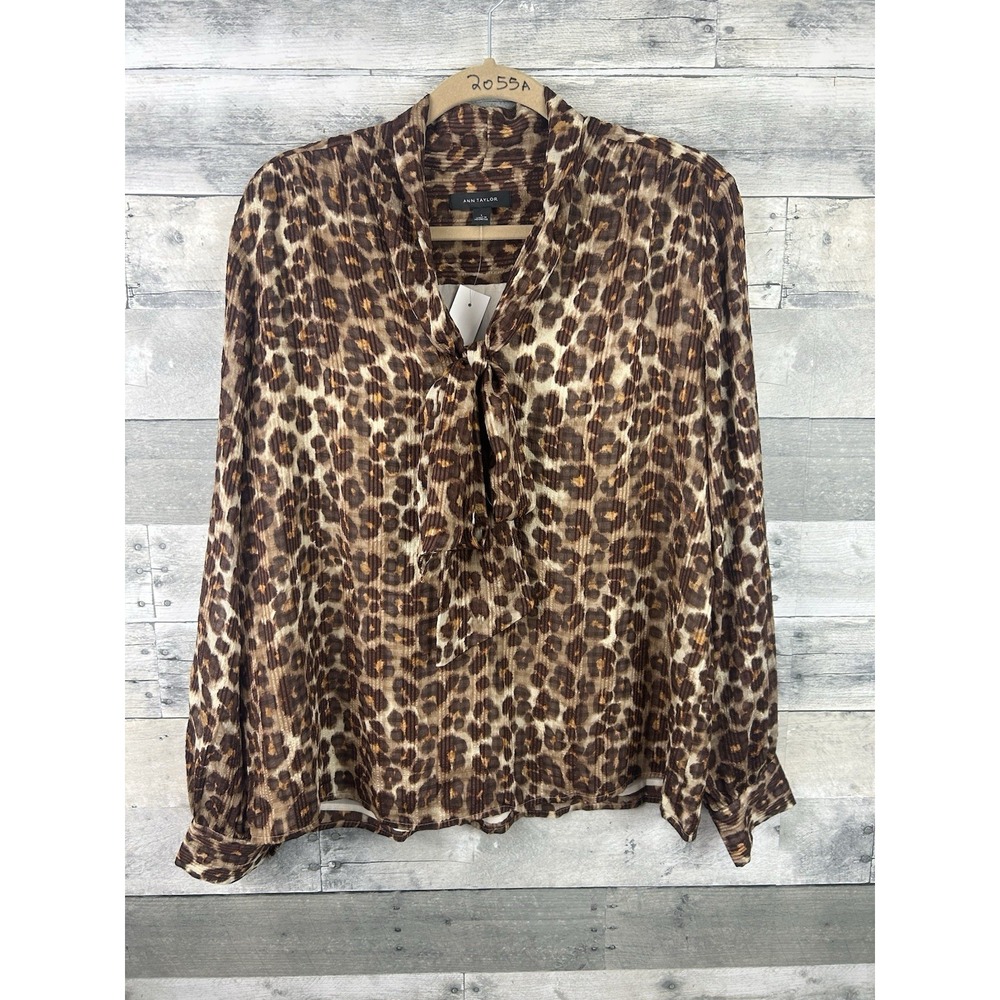 Ann Taylor Animal Print Large Long Sleeve Bow Neck Blouse